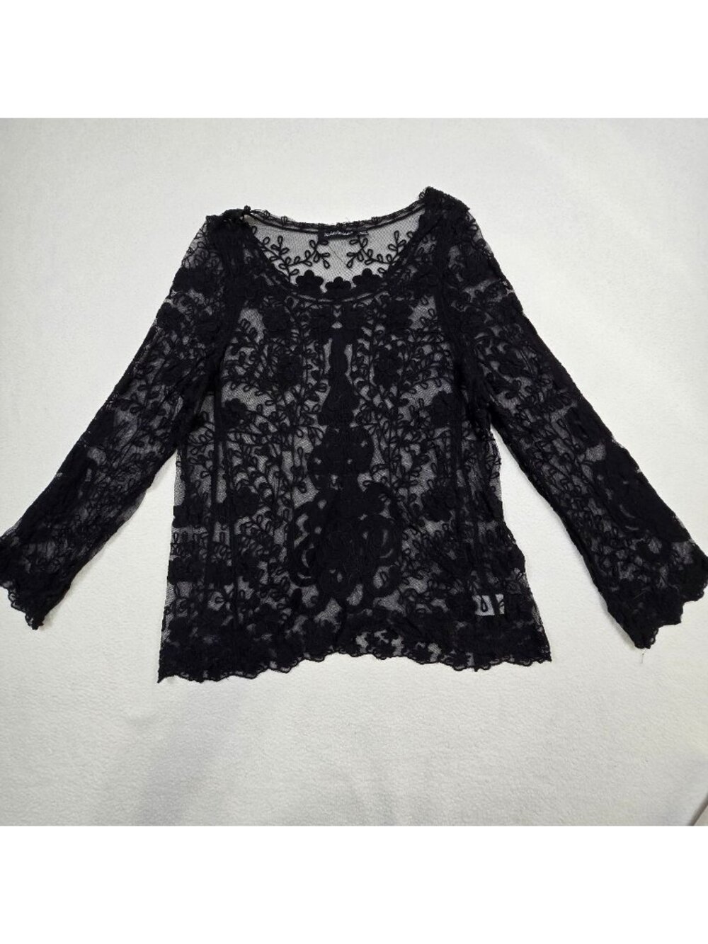 Whimsigoth Goth Medium Lace Black Sheer Floral Long Sleeve Embroidered Blouse